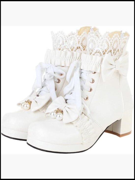 Amazon.com | Meefit Women Cute Lolita Boots Kawaii Ankle  Lace Up Chunky Heel Ankle Boots with Bow Cosplay Winter Shoes